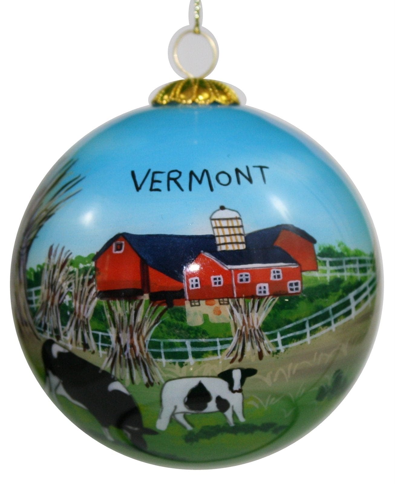Hand Painted Glass Globe Ornament - Cows & Barns Vermont - Shelburne Country Store