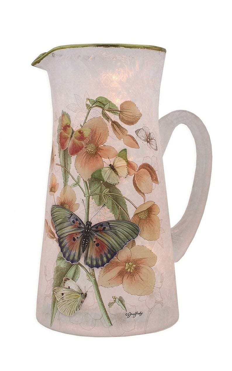 Butterflies and Lavender Pre-Lit Glass Pitcher - Pink Floral Butterflies - Shelburne Country Store
