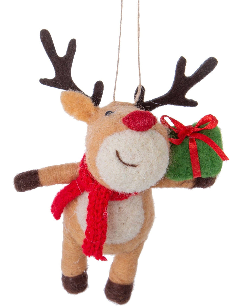 Felt Reindeer Holding Present Ornament - Shelburne Country Store