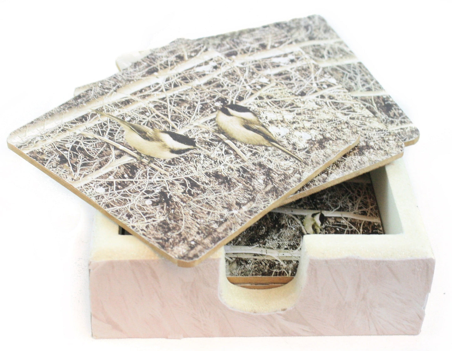 Woodland Corkbacked 7 piece Coaster Set - Chickadee - Shelburne Country Store