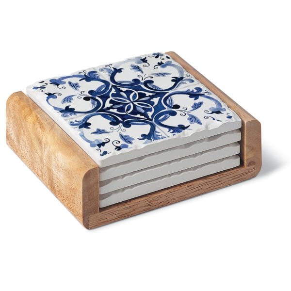 Blue & White Tile – 4 Pk Coasters and Holder - Shelburne Country Store
