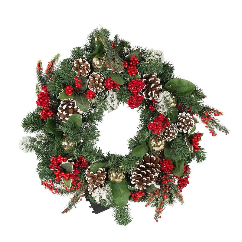 24" Battery-Operated Holly with Berries and Pinecones Pre-Lit LED Wreath - Shelburne Country Store