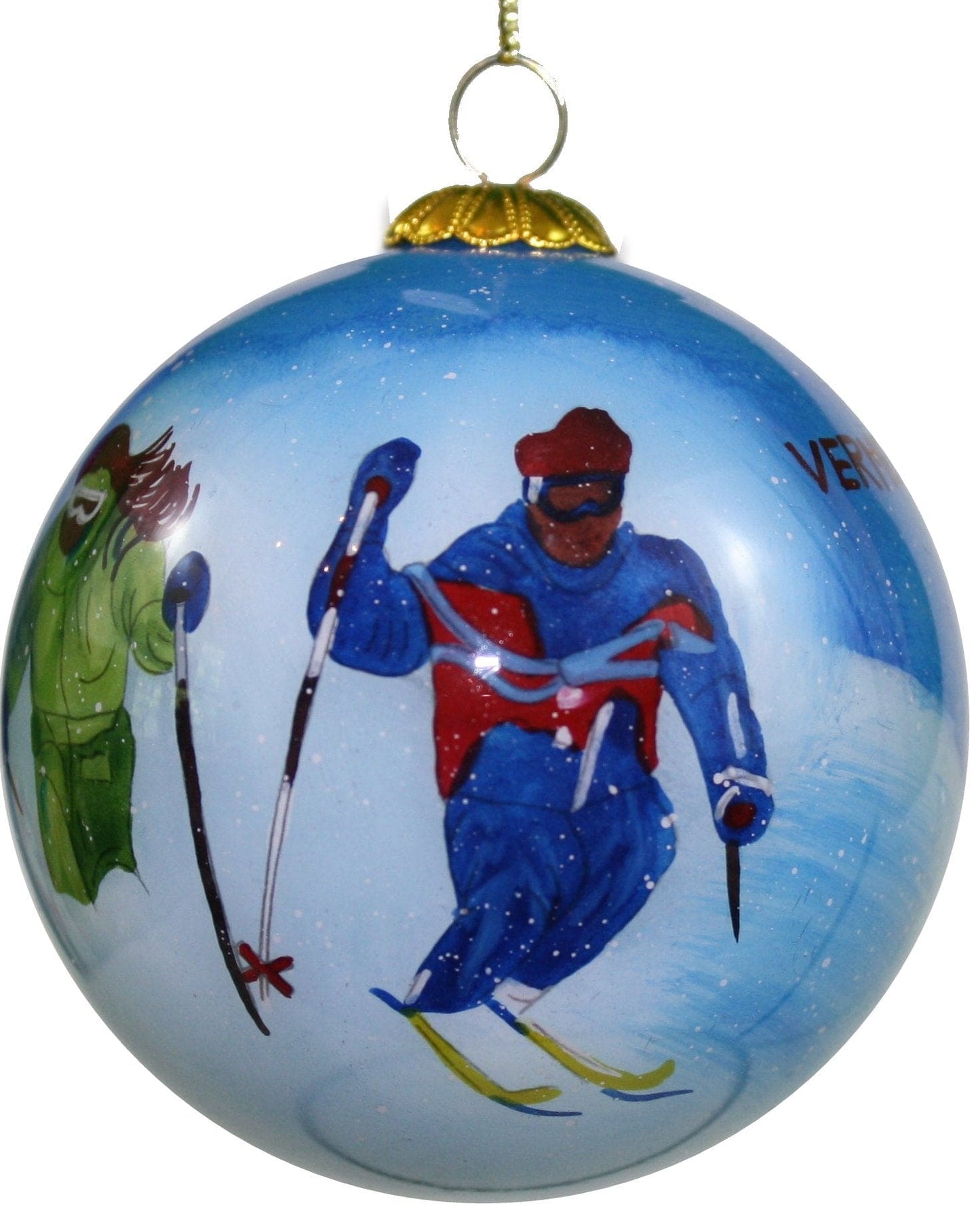 Hand Painted Glass Globe Ornament - Vermont Skiers - Shelburne Country Store