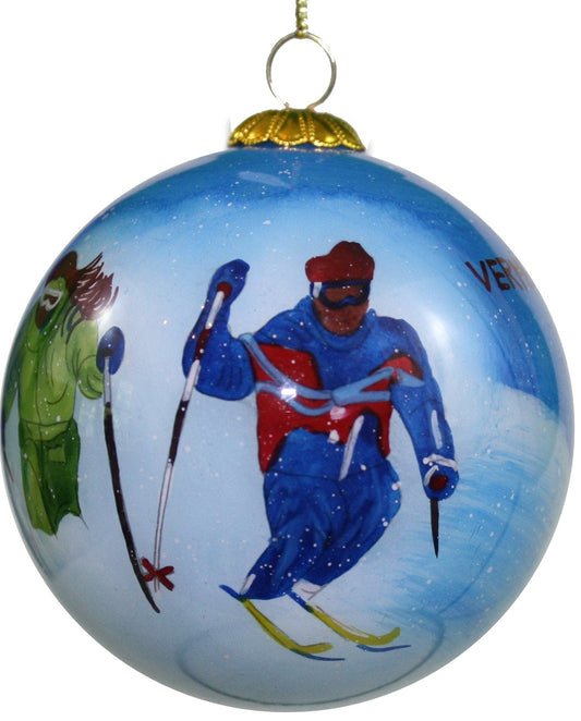 Hand Painted Glass Globe Ornament - Vermont Skiers - Shelburne Country Store