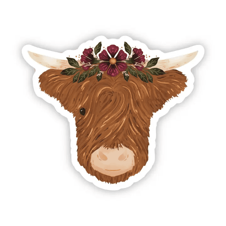 Highland  Cow & Flower Crown Sticker - Shelburne Country Store