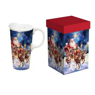 Boxed Ceramic Santa & Reindeer Travel Cup 17oz - Shelburne Country Store