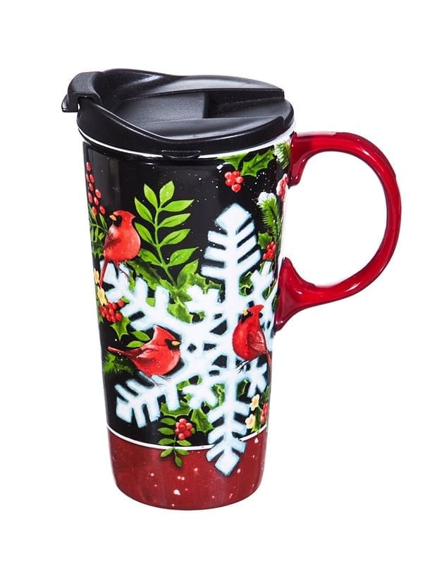 Ceramic Travel Cup, 17 oz. with Gift Box - Cardinal Snowflake - Shelburne Country Store