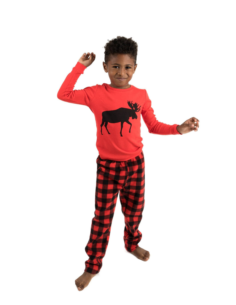 Kids Moose Print Cotton Top Fleece Pant Pajamas 