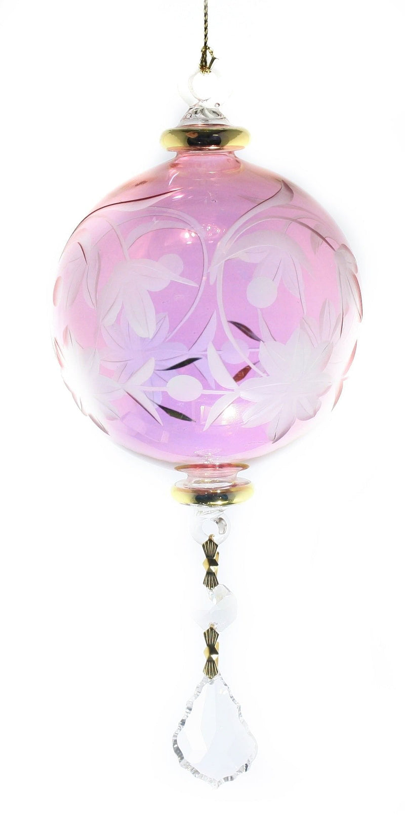 Floral Etched Glass Ball with Gold Accents -  Pink - Shelburne Country Store