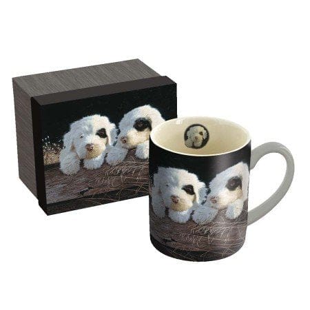 Lang - 14 oz. Ceramic Coffee Mug - Puppies, Artwork By Jim Lamb - White And Black Puppies - Shelburne Country Store