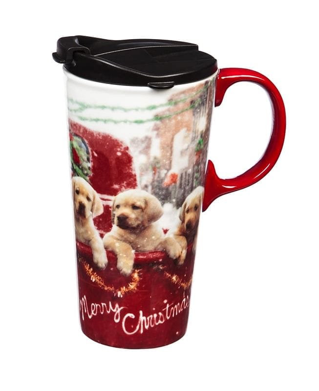 Ceramic Travel Cup, 17 oz. with Gift Box - Lab Puppies in a Red Truck - Shelburne Country Store
