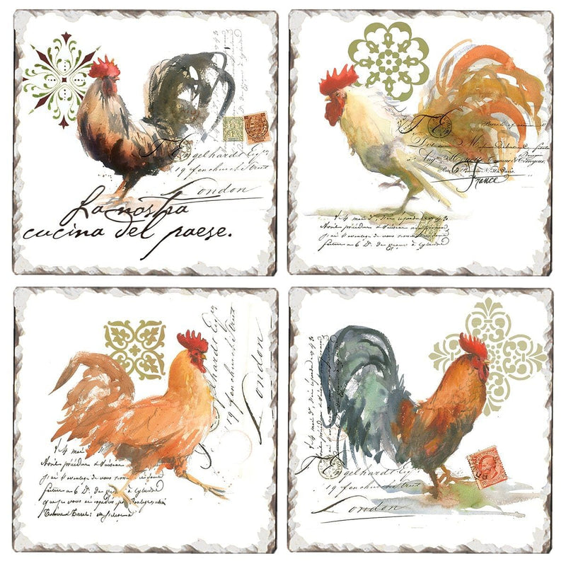 Tumbled Tile Stoneware Coaster 4 Piece Set - Water Color Rooster - Shelburne Country Store