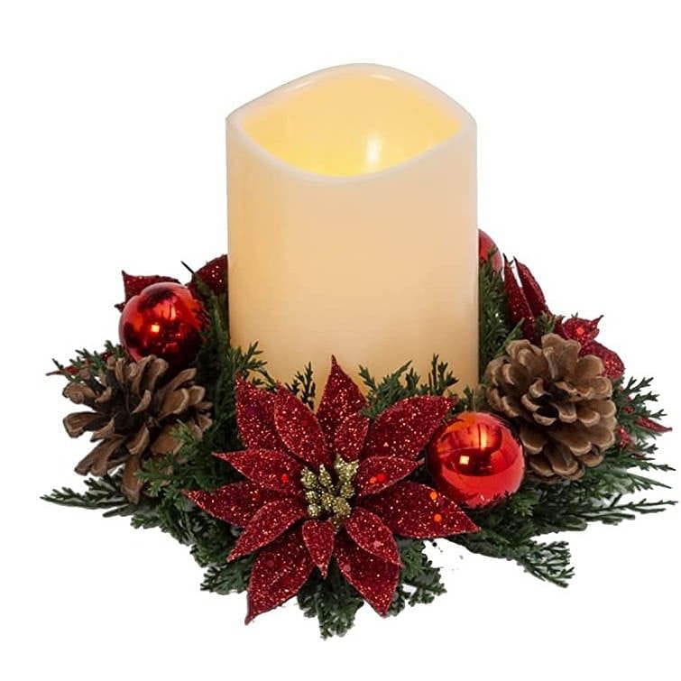 Christmas Candle with Red and Green Candle Ring -  Poinsettia - Shelburne Country Store