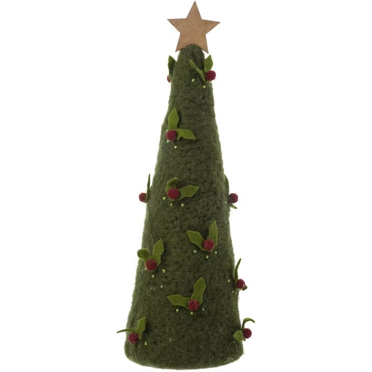 Dark Green Cone Tree Holly & Wood Star Selt/Wood - Shelburne Country Store