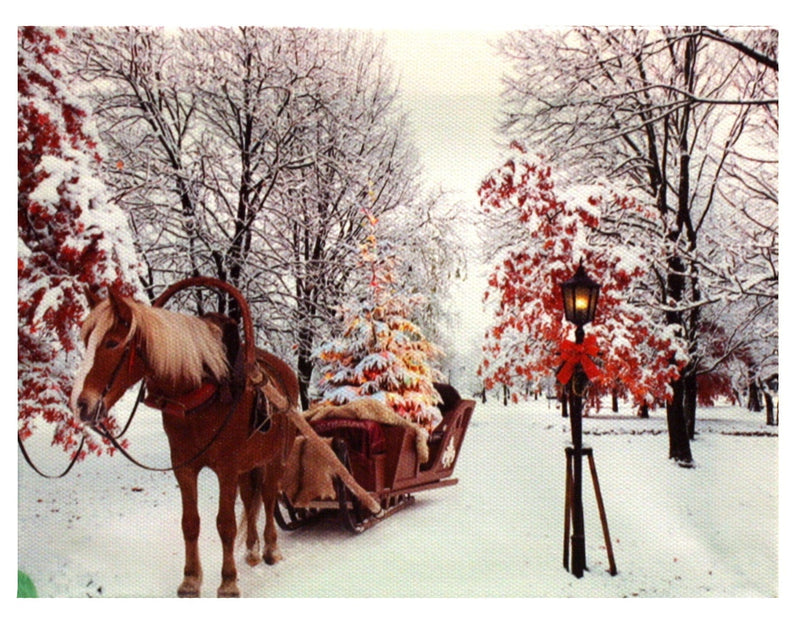 7.8" Lighted Canvas Print - Horse Drawn Carriage With Christmas Tree - Shelburne Country Store