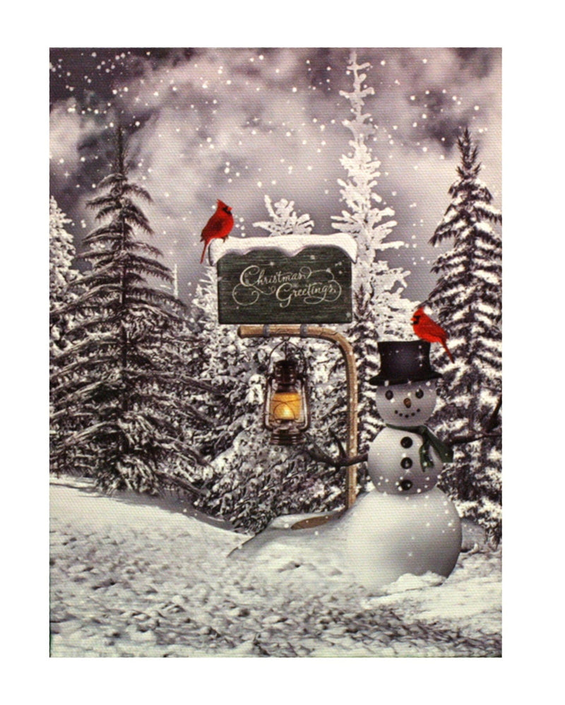 7.8" Lighted Canvas Print - Christmas Greetings Mailbox With Cardinal And Snowman - Shelburne Country Store