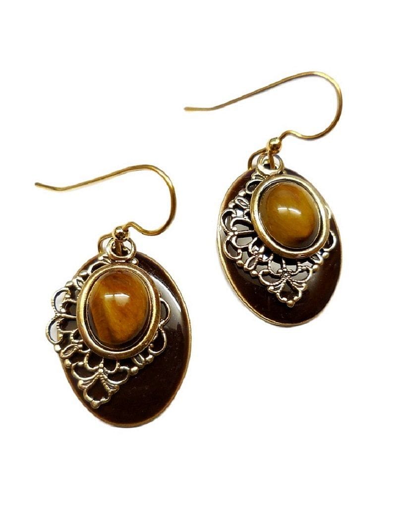 Brown Enamel Ovals With Goldtone Filagree Drop Dangle Earrings - Shelburne Country Store