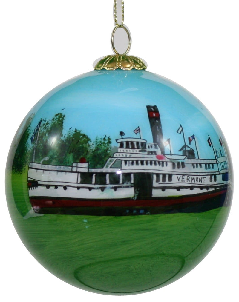 Hand Painted Glass Globe Ornament - Steamship Ticonderoga At The Shelburne Museum - Shelburne Country Store
