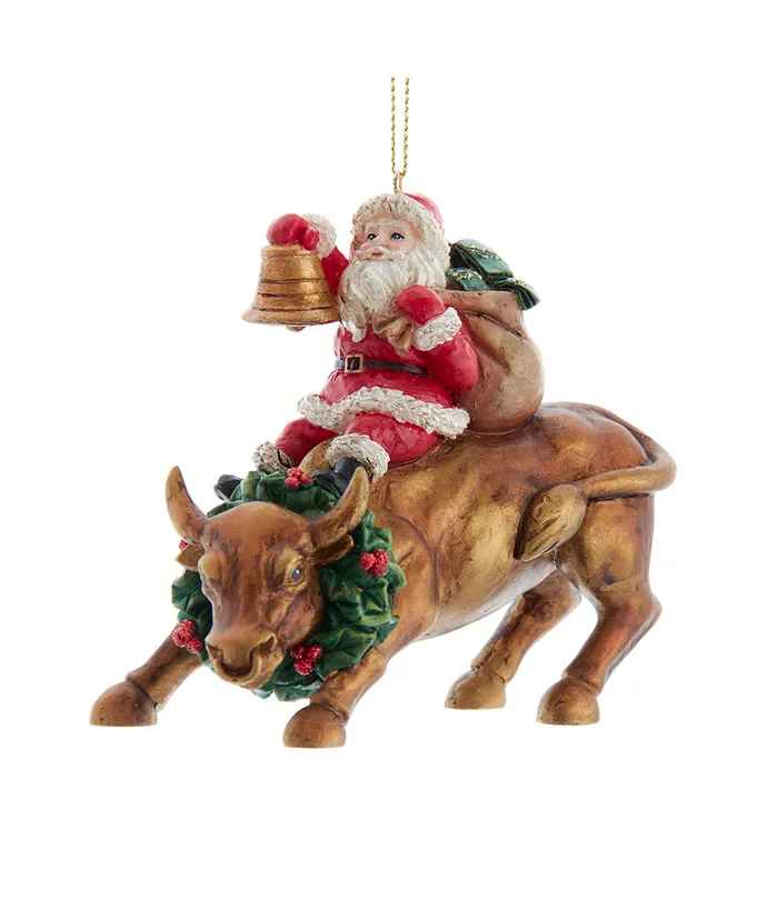 Santa On Stock Market Bull Ornament - Shelburne Country Store