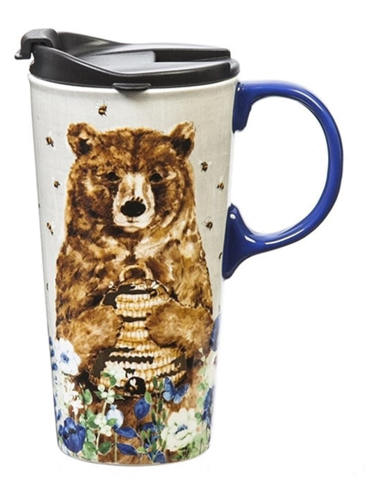 Metal Accented Ceramic Travel Cup w/Box, 17 oz - Flowers and Bear - Shelburne Country Store