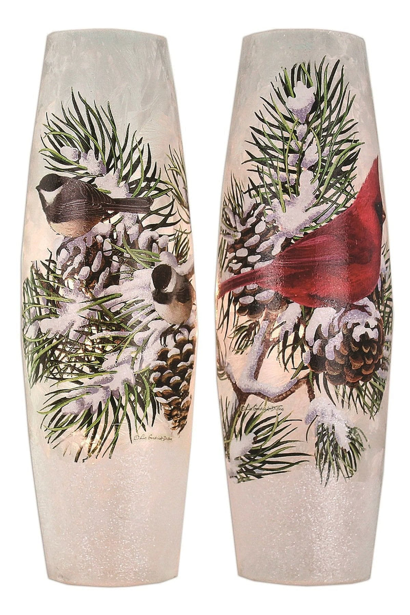 Tall Lighted Glass Vase - Winter Birds - - Shelburne Country Store