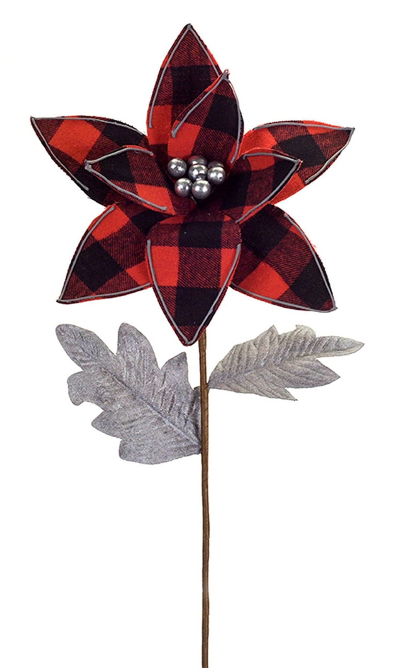 28 Inch Plaid Fabric Poinsettia Stem - Shelburne Country Store