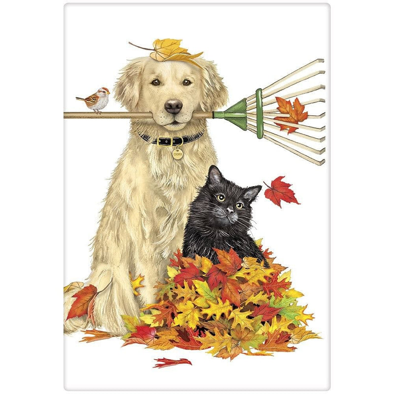 Cat and Dog Fall Leaves Flour Sack Towel - Shelburne Country Store
