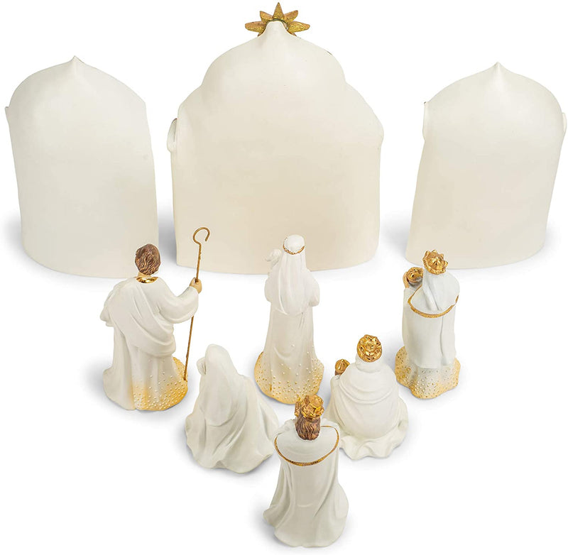 Nativity Gold Dot Ivory with Triptych Backdrop - 11 Inch - 9 Piece Set - Shelburne Country Store