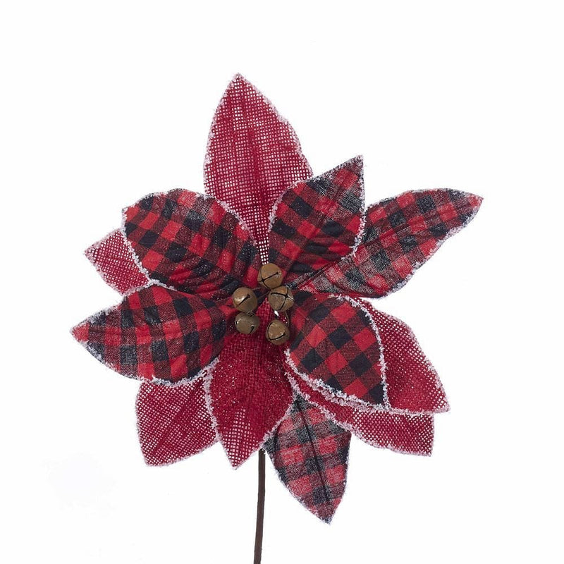 14 Inch Red and Buffalo Plaid Poinsettia Pick - Shelburne Country Store