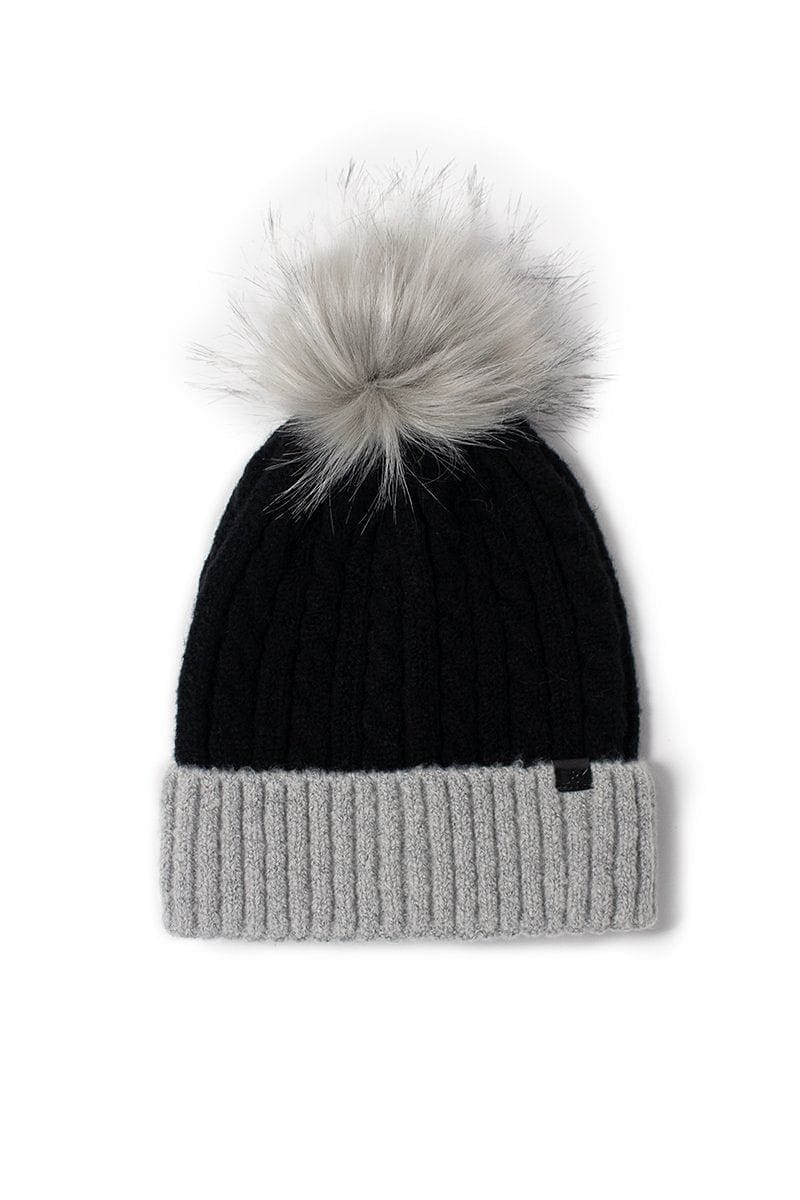 Cable knit contrast cuff beanie with faux fur pom - - Shelburne Country Store