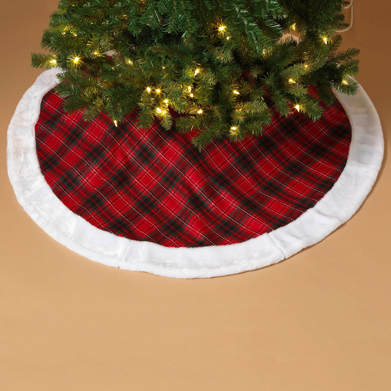 48" Red Plaid Tree Skirt With Faux Fur Border - Shelburne Country Store