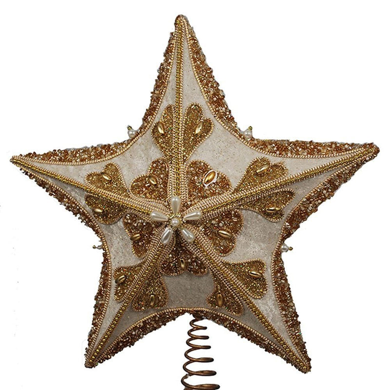 Ivory and Gold Glitter Star Fabric Treetop - Shelburne Country Store