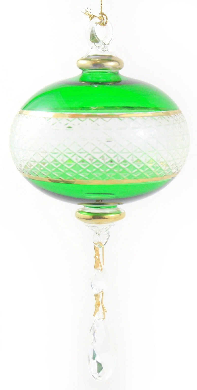 Full Size Etched Sphere with Dangles Ornament -  Christmas Green - Shelburne Country Store
