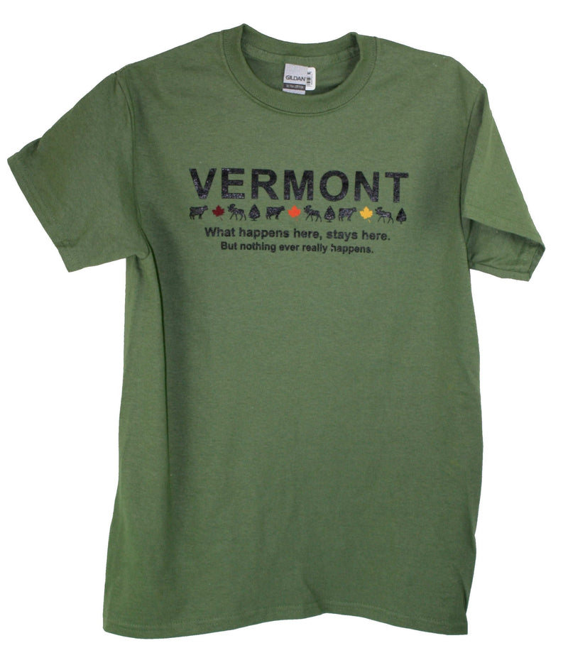 Vermont T-Shirt - What happens Here - Military Green - - Shelburne Country Store