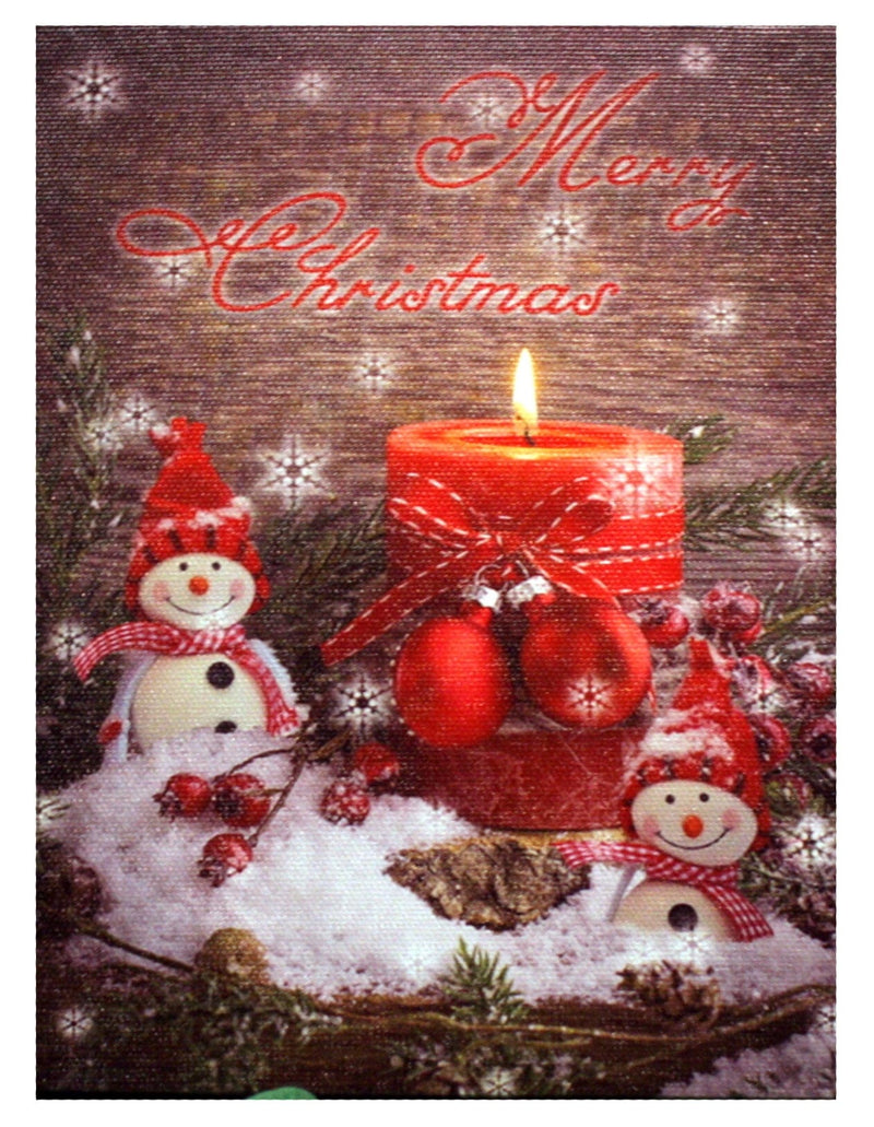 7.8" Lighted Canvas Print - Merry Christmas Snowmen With Red Candles - Shelburne Country Store