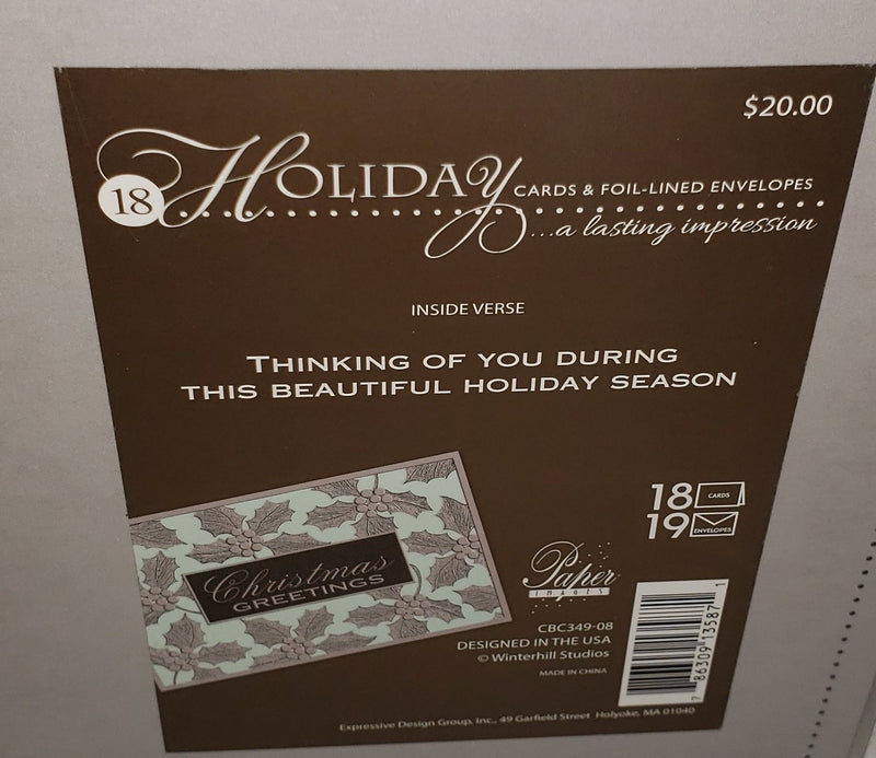 Holiday Luxury Favorites 18 Card Box - Silver Holly - Shelburne Country Store