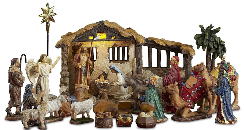 23 Piece 5 Inch Real Life Nativity Set - Includes All People, Lighted Manger, Chest Of Gold, Frankincense & Myrrh - Shelburne Country Store