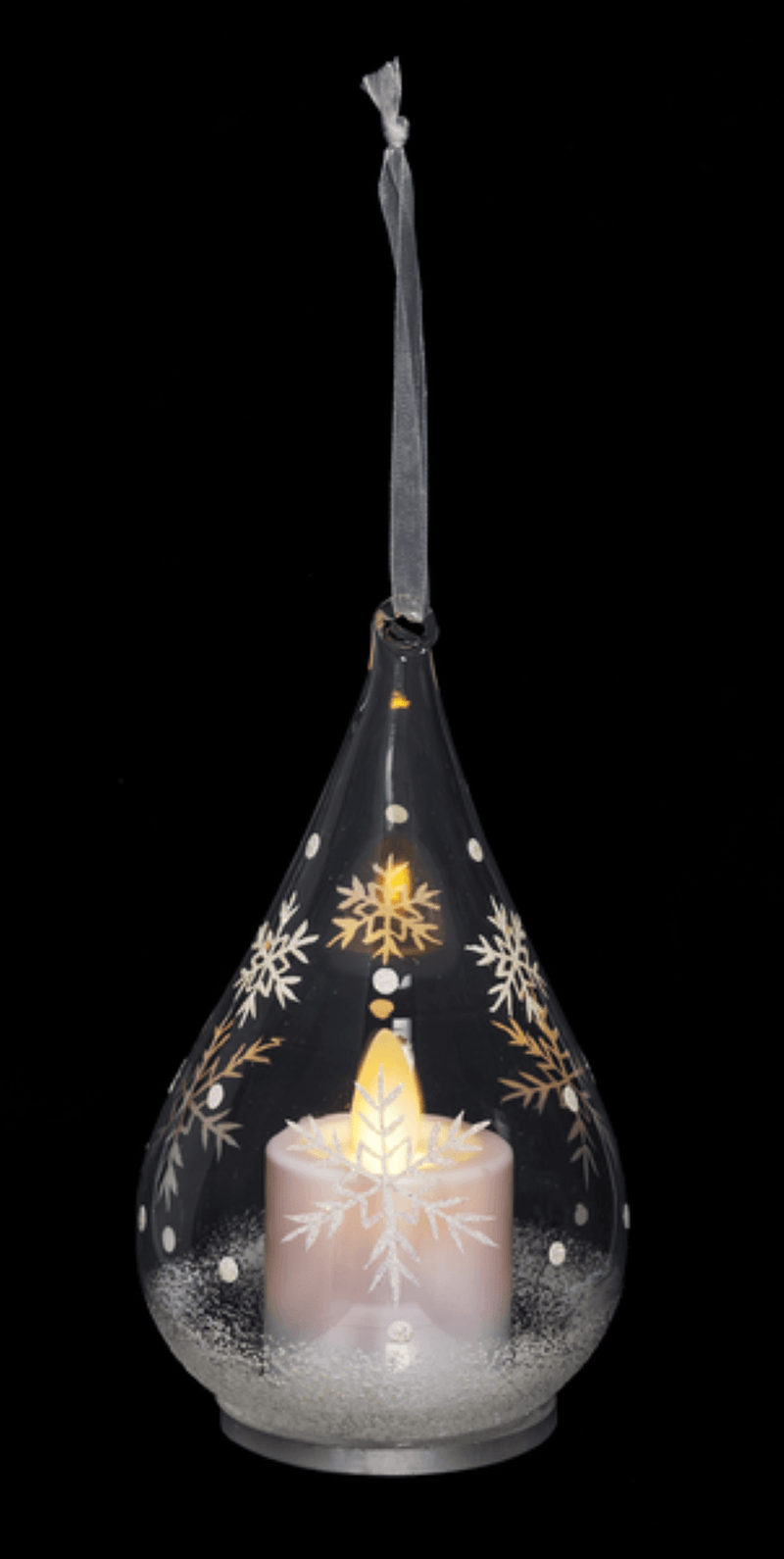 Glass Teardrop Ornament with Flickering Flame LED -  Snowflakes - Shelburne Country Store