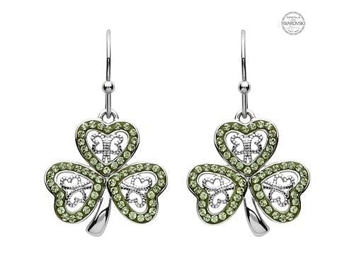 Platinum Plated Peridot Shamrock Earrings With Swarovski  Crystals - Shelburne Country Store