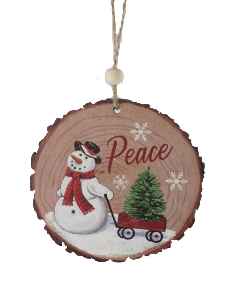 Cut Log Wooden Ornament - Snowmen Peace - Shelburne Country Store