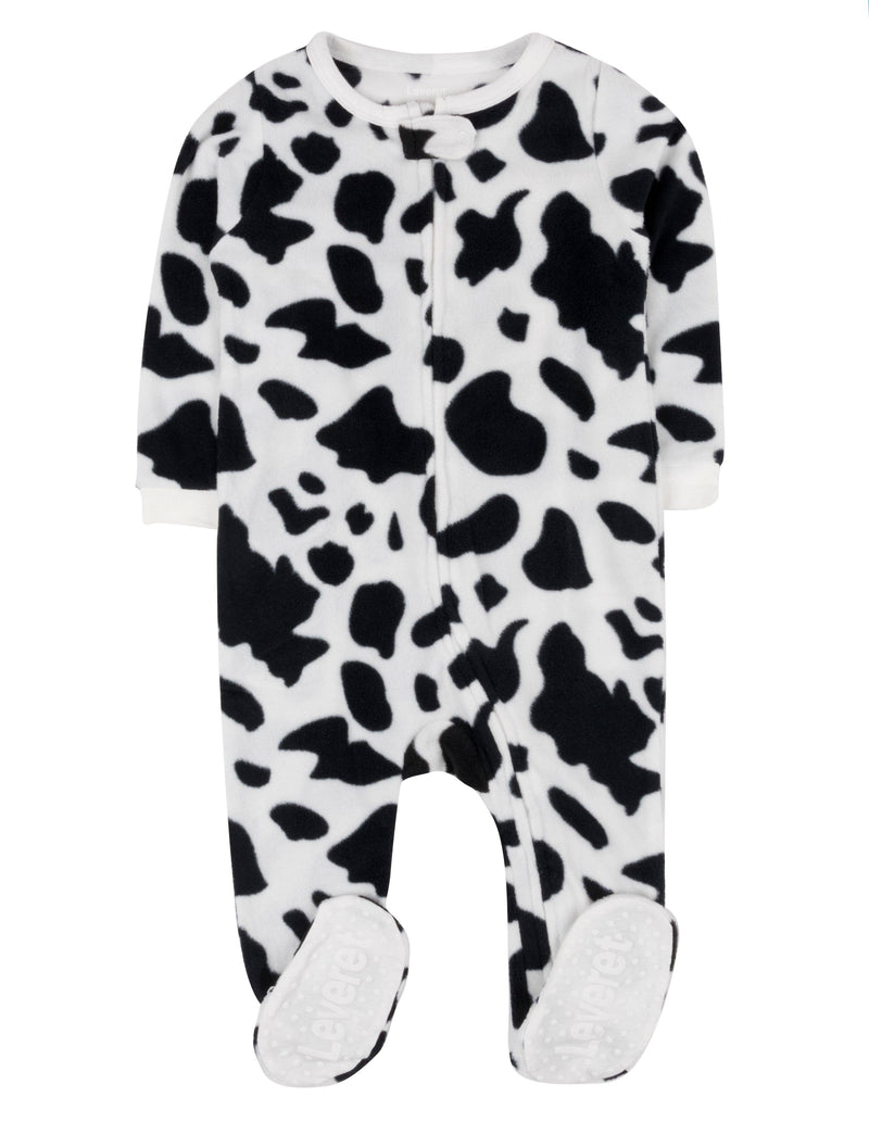 Kids  Black and White Cow Print Footed Fleece Pajama - - Shelburne Country Store