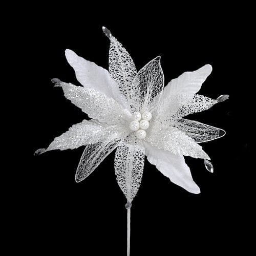 Kurt Adler 12 inch White Poinsettia Pick With Gem - Shelburne Country Store