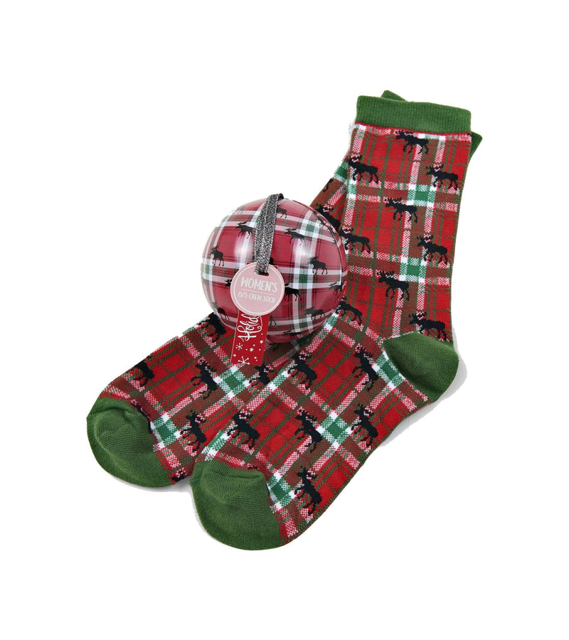 Holiday Moose on Plaid Women's Socks in Balls - Shelburne Country Store