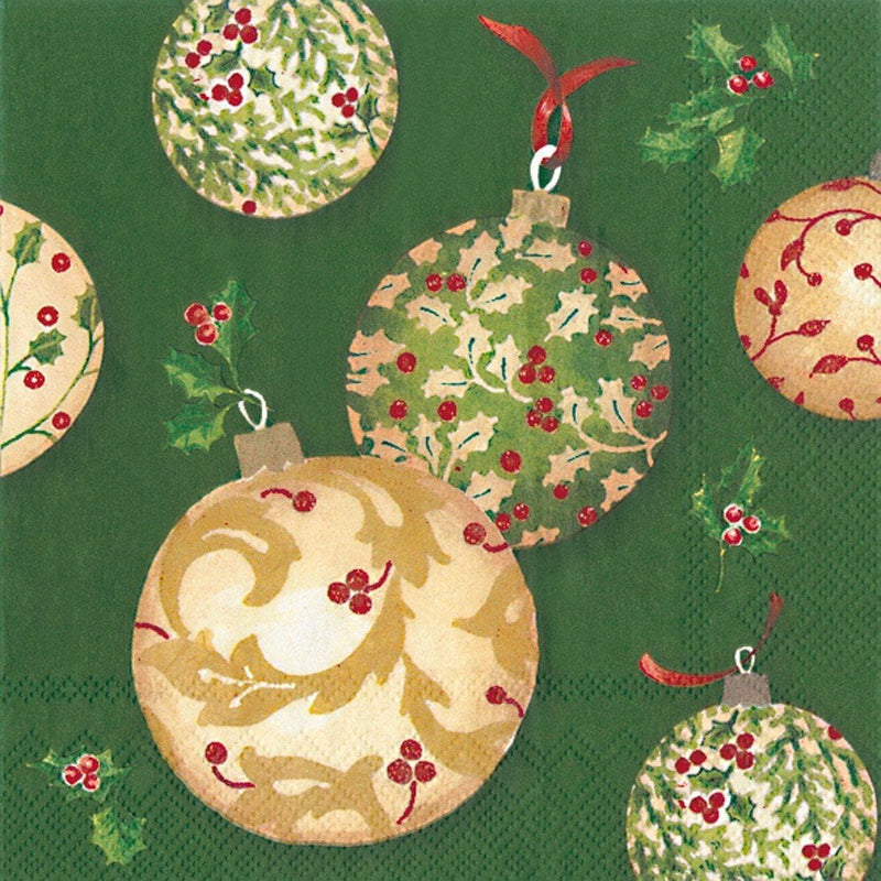 Holly Ornaments Cocktail Napkin- green - Shelburne Country Store