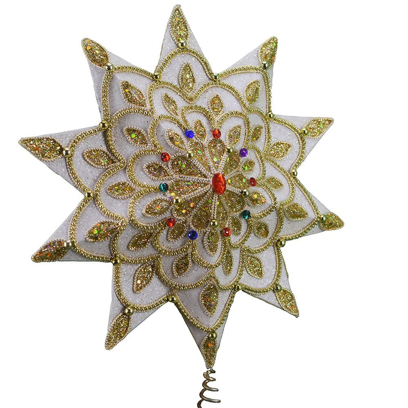 White and Gold Jeweled Star Treetop - 16 Inch - Shelburne Country Store