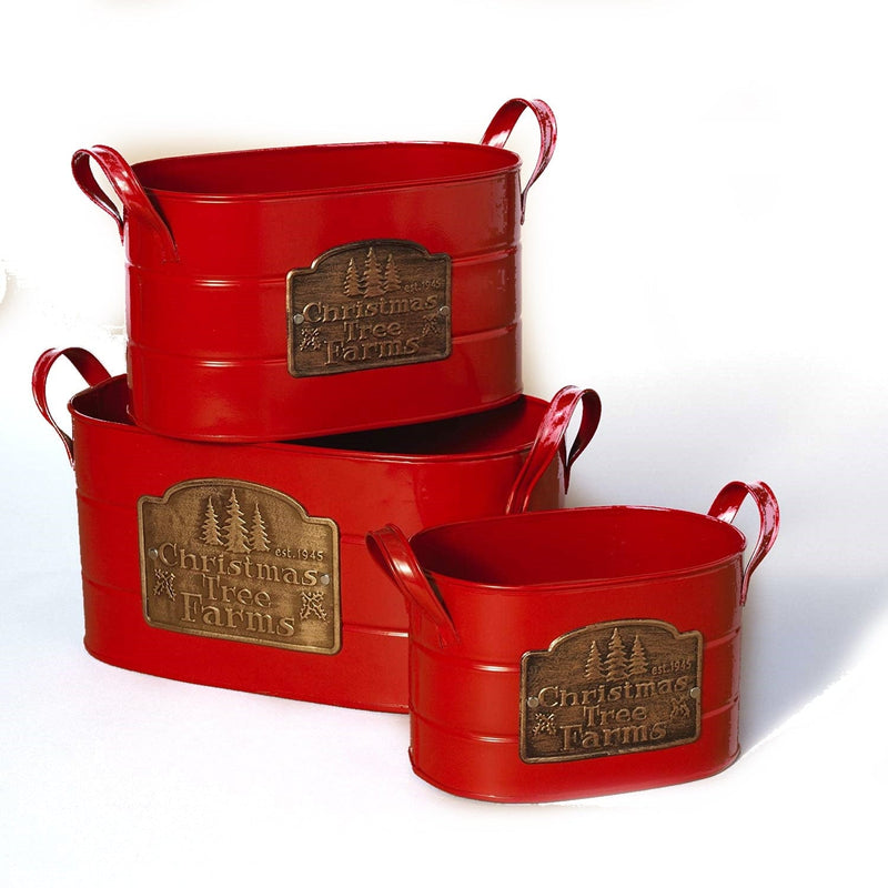 Set of 3 Bright Red Metal ''Christmas Tree Farms" Buckets - Shelburne Country Store