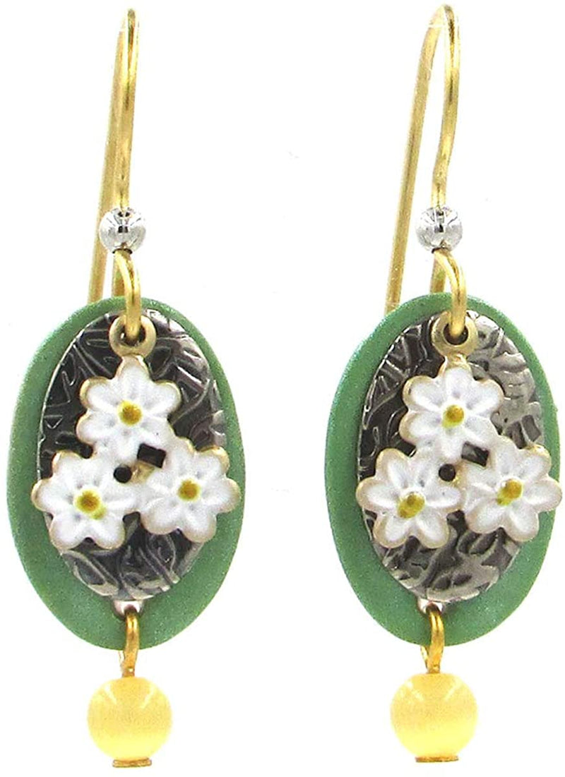 White Flowers on 18K and Mint Colored Rounds Earrings - Shelburne Country Store