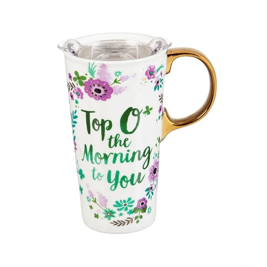 Metal Accented Ceramic Travel Cup w/Box, 17 oz - Top O' the Morning - Shelburne Country Store