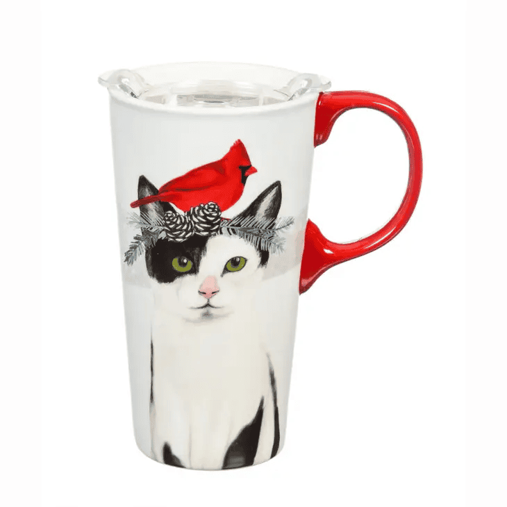 Cat And Cardinal Ceramic Travel Cup -17 oz With Box and Tritan Lid - Shelburne Country Store