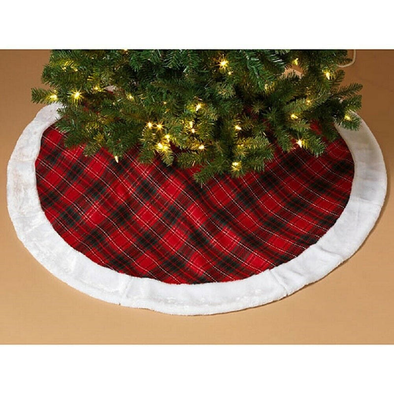 48" Red Plaid Tree Skirt With Faux Fur Border - Shelburne Country Store